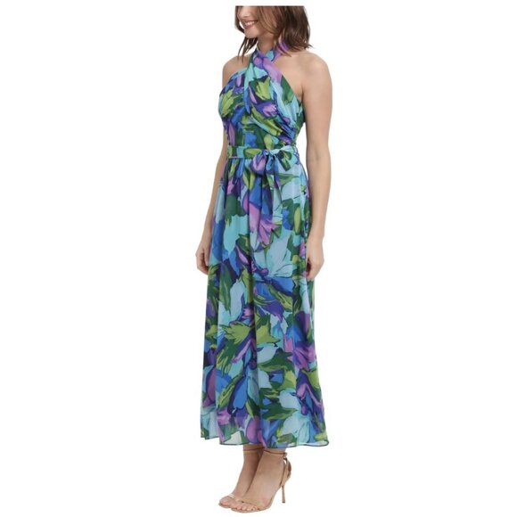 NWT London Times Crisscross Wrap-Neck Halter Maxi Dress Aqua Royal Size 12 - Picture 1 of 15
